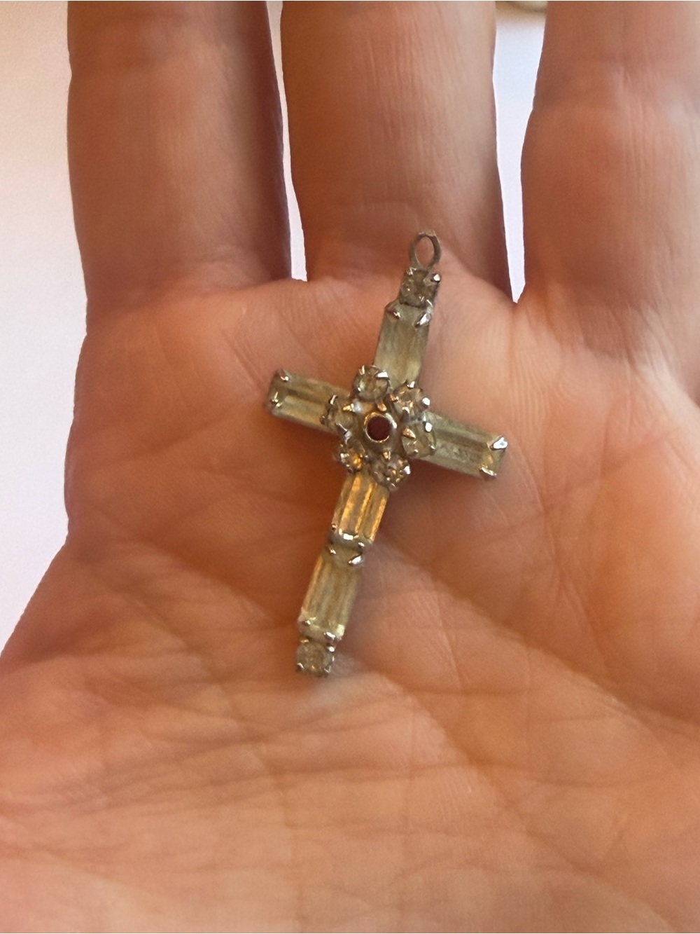 Vintage Sterling Silver Rhinestone Baguette Cross Pendant Clear Crystal Missing
